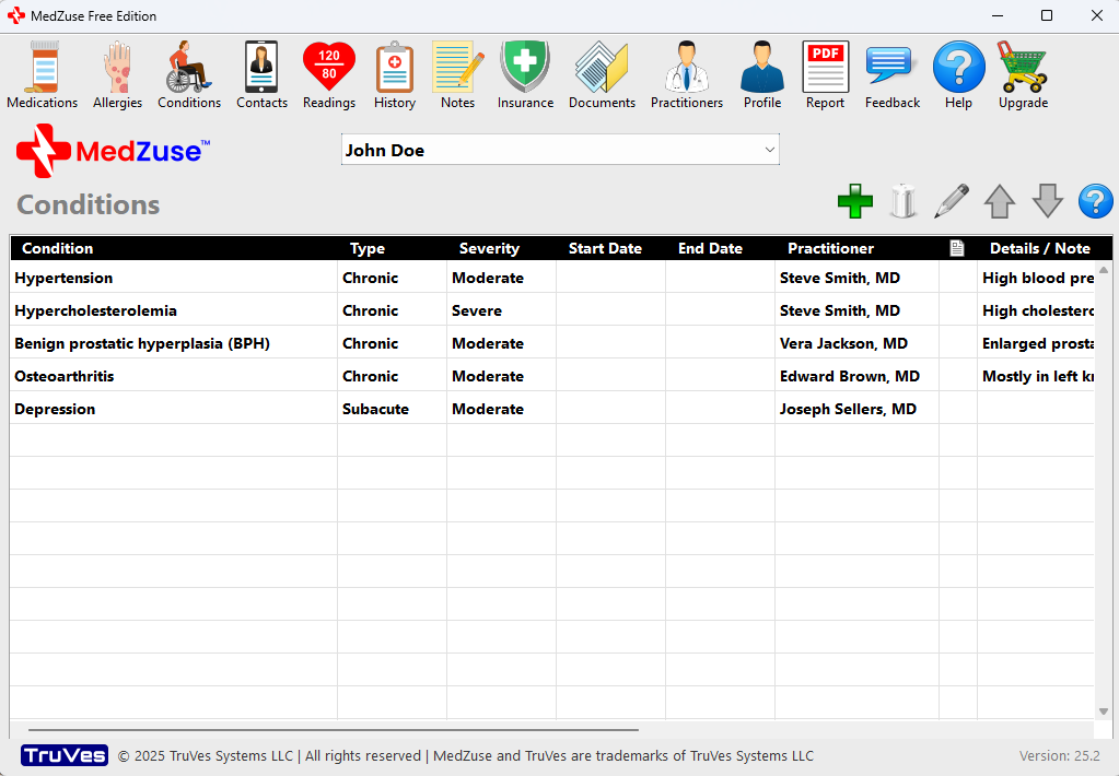 Screenshot of MedZuse Medical Records Log