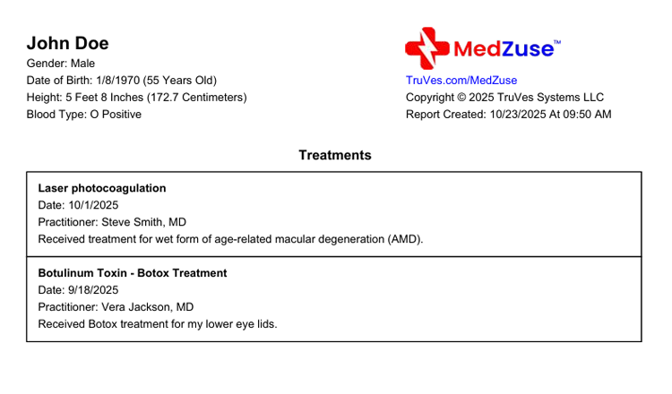 An example of a Treatments List included on a Personal Medical Record Report in MedZuse.
